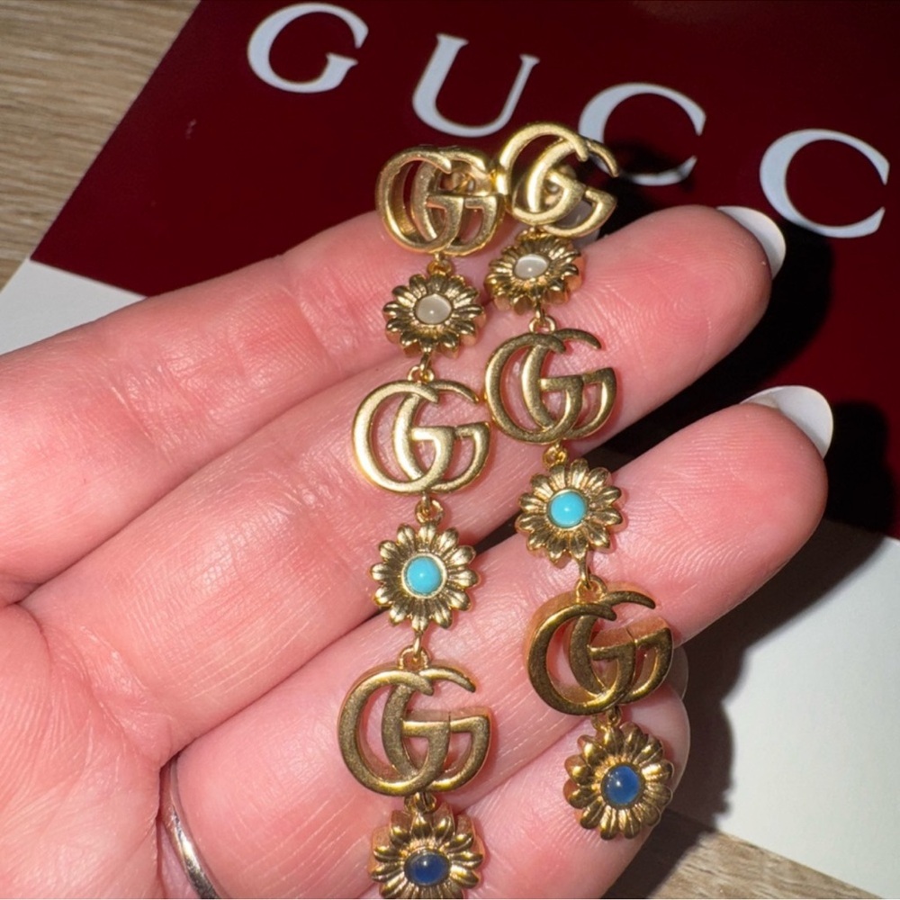 Gucci Gold-Tone GG Drop Earrings with Blue and Turquoise Enamel Flowers